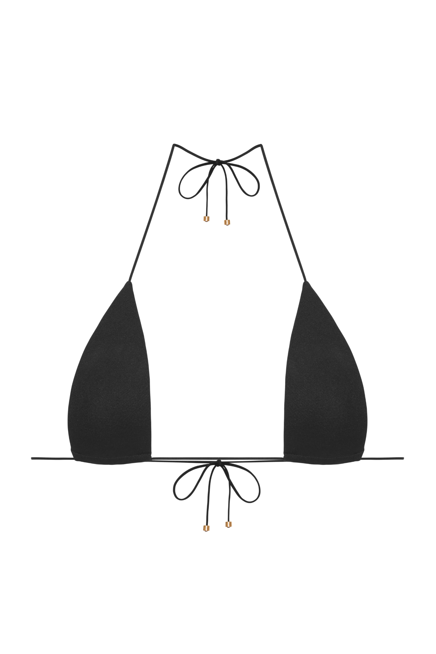 Top Catch Me w błyszczącej lycrze – packshot z widokiem na trójkątny krój halter, usztywnione miseczki i złote dodatki.