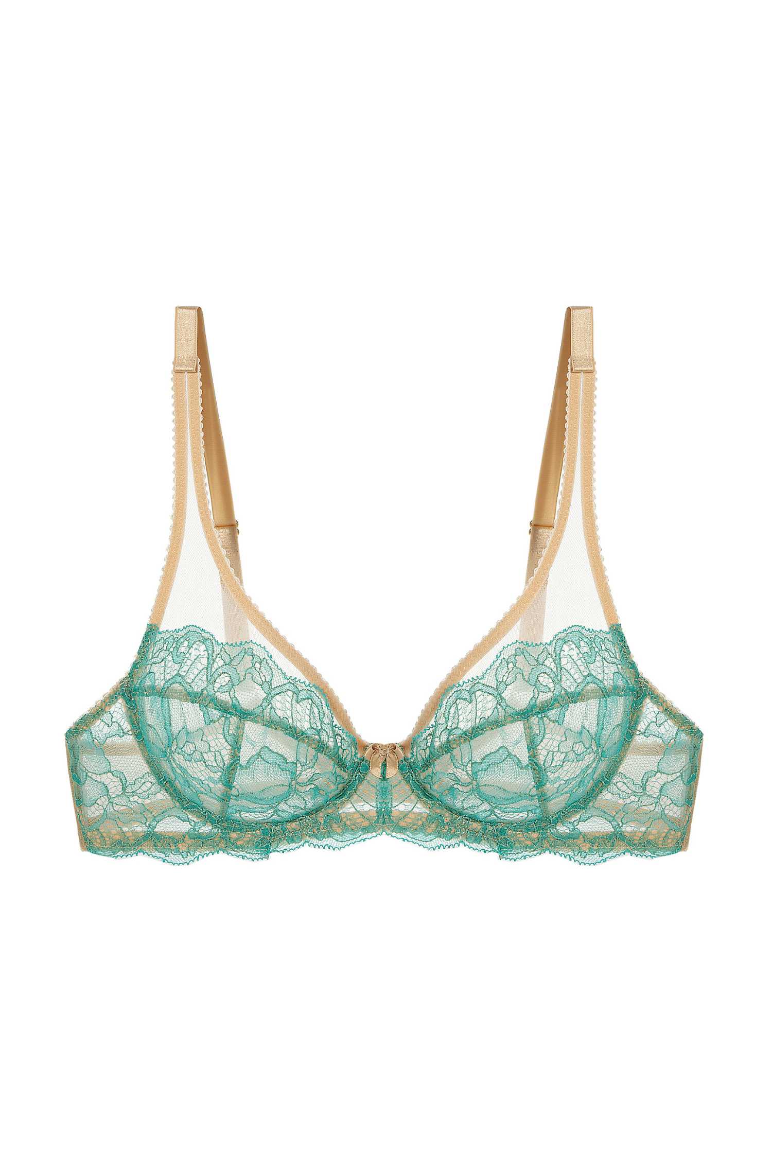 Biustonosz Loris w kolorze turkus – packshot z widokiem na koronkową miskę, podwójne cięcia i złote detale.