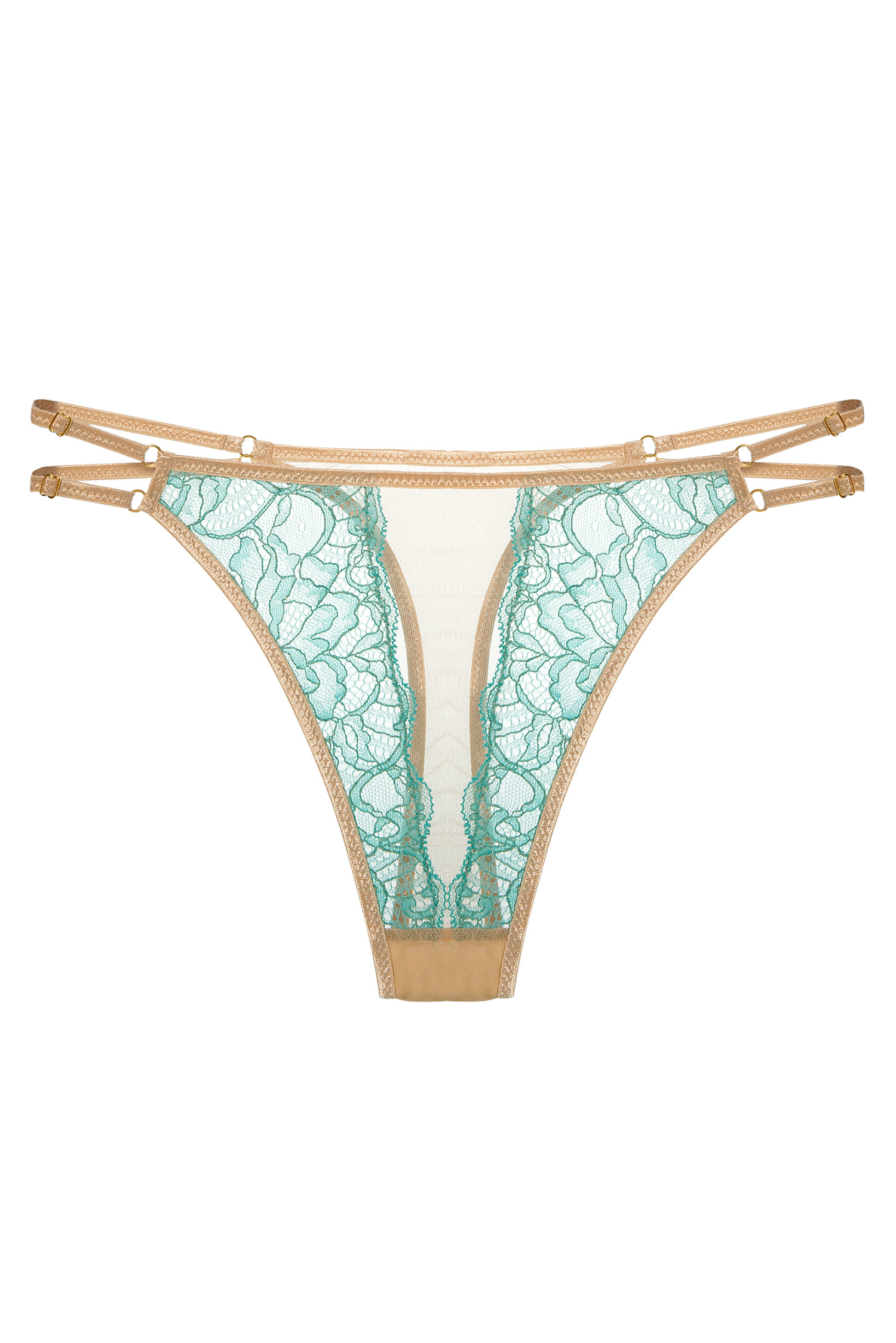 Stringi Loris w kolorze turkusowym – packshot z widokiem na koronki, tiul i złote dodatki.